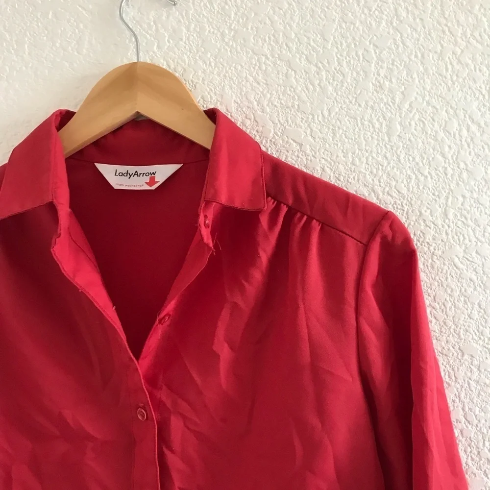 Vintage | Red polyester long sleeve button up blouse size medium - Picture 2 of 6